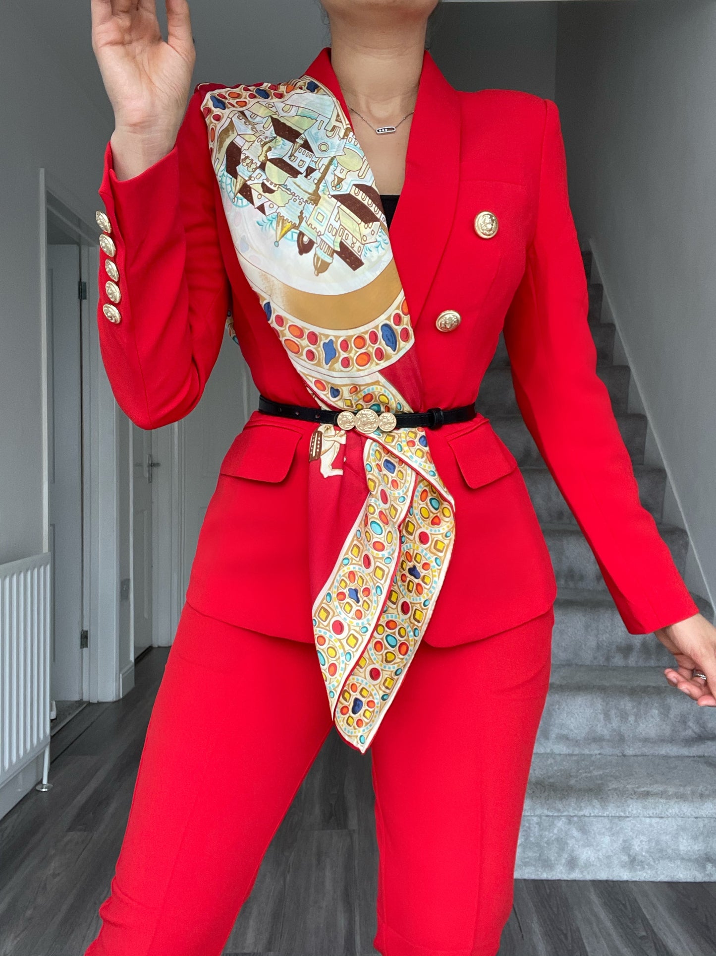 BAROQUE PRINT SILK RED SCARF WITH GOLD DETAILS